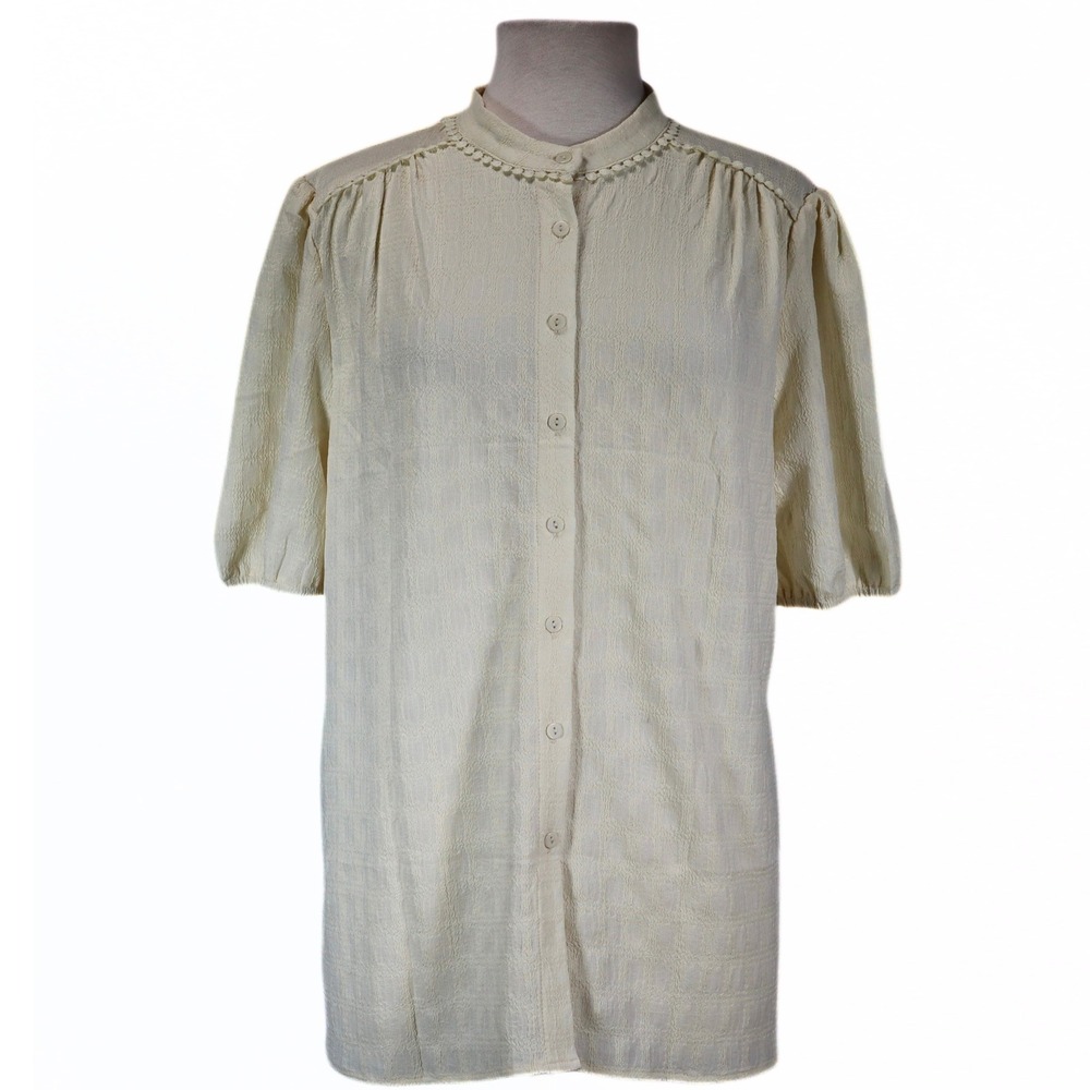 Puff Sleeve Textured Blouse Womens XL Cream Pom Pom Trime Casual  NWT Evaless